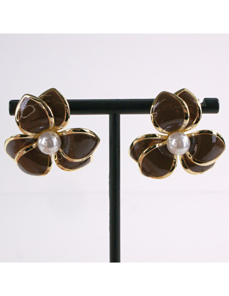 Kolczyki BRĄZOWY KWIAT PERŁA KWIATEK LOLITA AKCESORIA srebrny sztyft 925