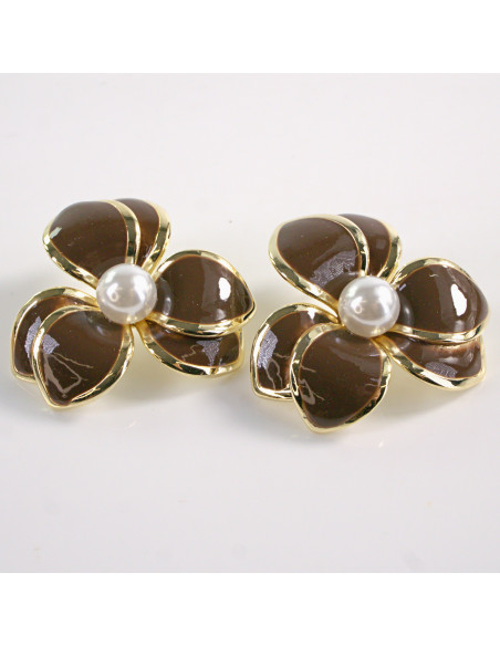Kolczyki BRĄZOWY KWIAT PERŁA KWIATEK LOLITA AKCESORIA srebrny sztyft 925