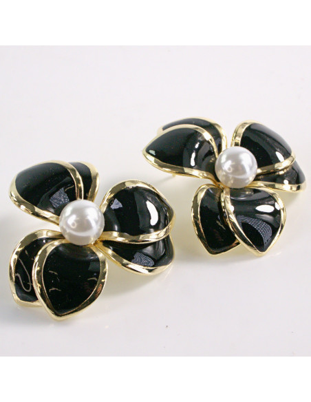Kolczyki CZARNY KWIAT PERŁA KWIATEK LOLITA AKCESORIA srebrny sztyft 925