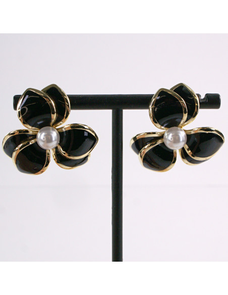 Kolczyki CZARNY KWIAT PERŁA KWIATEK LOLITA AKCESORIA srebrny sztyft 925