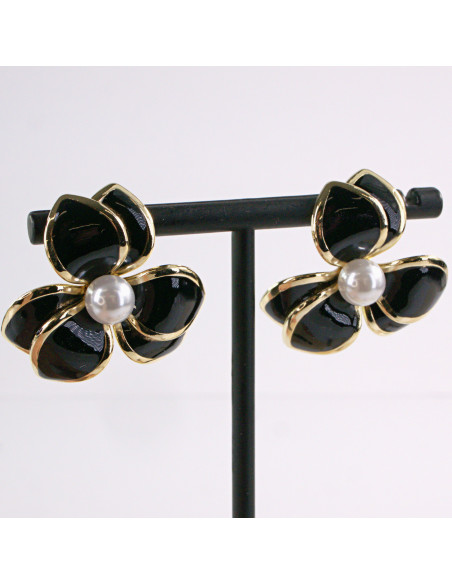 Kolczyki CZARNY KWIAT PERŁA KWIATEK LOLITA AKCESORIA srebrny sztyft 925
