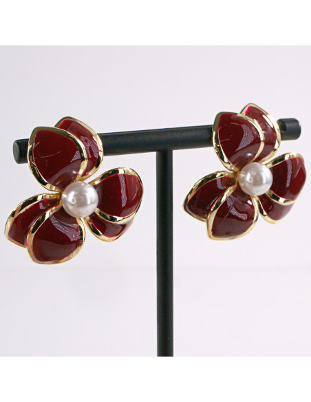 Kolczyki BORDOWY KWIAT PERŁA KWIATEK LOLITA AKCESORIA srebrny sztyft 925