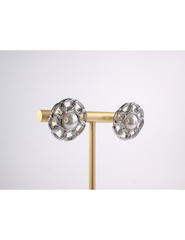 Kolczyki SREBRNE ROZETY Z PERŁĄ PERŁA  STAL...