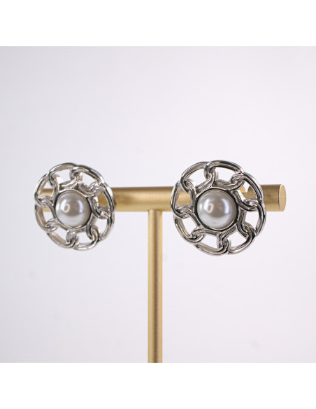 Kolczyki SREBRNE ROZETY Z PERŁĄ PERŁA  STAL CHIRURGICZNA  LOLITA AKCESORIA