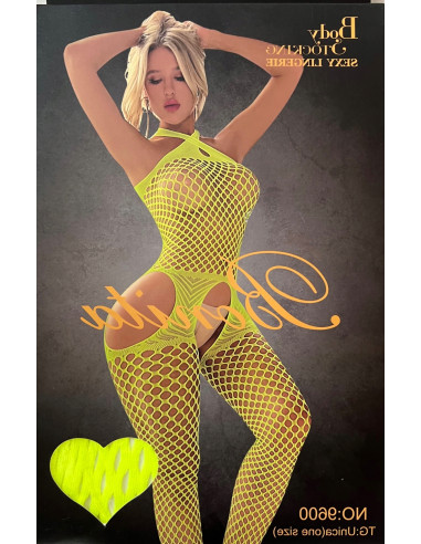 BODYSTOCKING Siatka FLUO Limonkowa Kobiece kabaretki z wycięciami