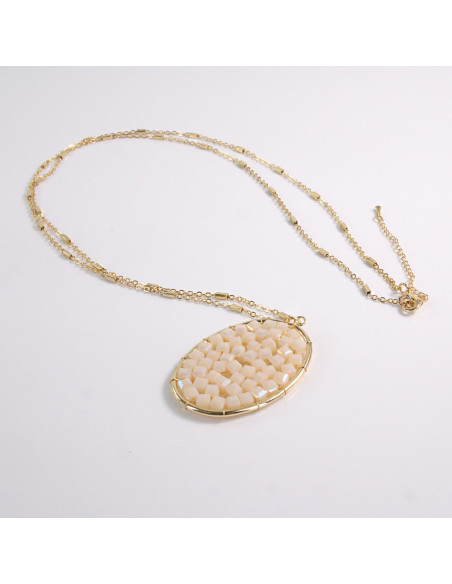 NASZYJNIK DŁUGI WISIOR MEDALION  KREMOWY ECRU Lolita Akcesoria