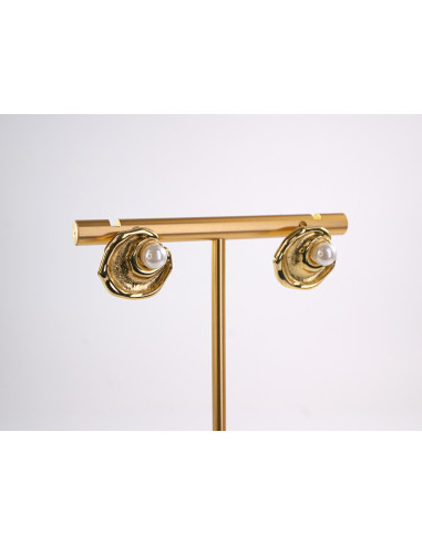 Kolczyki ZŁOTA MUSZLA Z PERŁĄ  STAL...