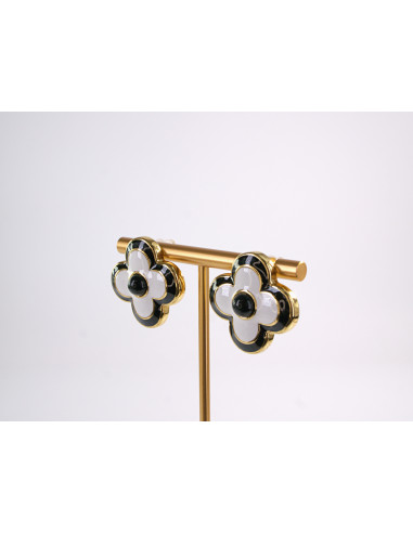 Kolczyki BIAŁO - CZARNE KWIATY KWIATKI STAL...