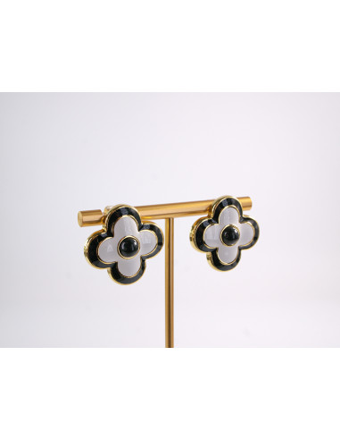Kolczyki BIAŁO - CZARNE KWIATY KWIATKI STAL...