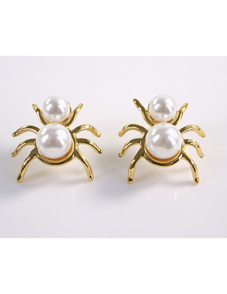 Kolczyki ZŁOTY PAJĄK Z PERŁĄ   STAL CHIRURGICZNA  LOLITA AKCESORIA