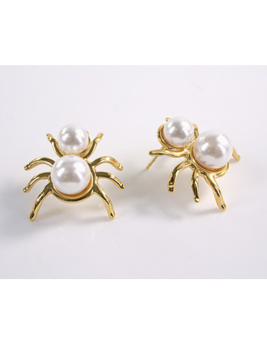 Kolczyki ZŁOTY PAJĄK Z PERŁĄ   STAL...