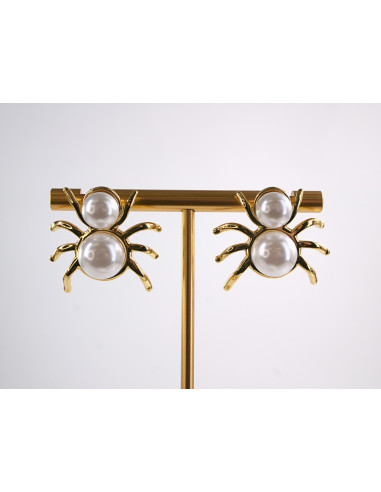 Kolczyki ZŁOTY PAJĄK Z PERŁĄ   STAL...