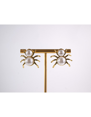 Kolczyki ZŁOTY PAJĄK Z PERŁĄ   STAL...