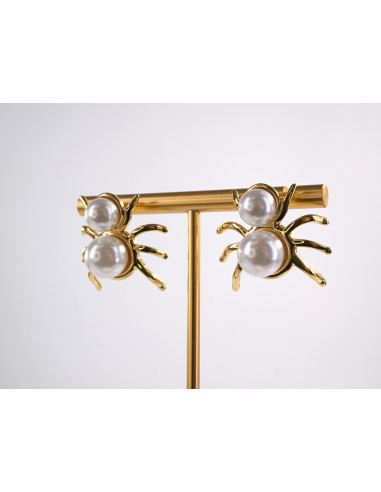 Kolczyki ZŁOTY PAJĄK Z PERŁĄ   STAL...