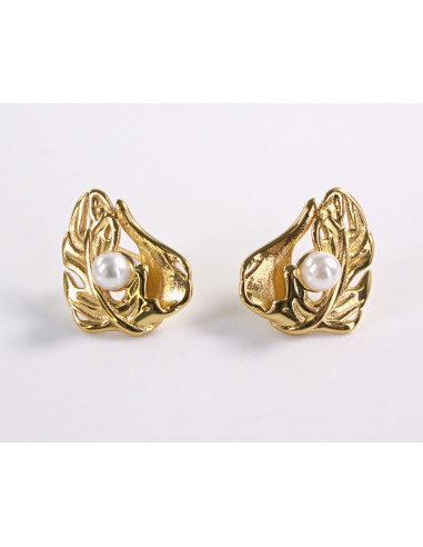 Kolczyki ZŁOTY  LIŚĆ LISTEK z PERŁĄ  STAL...