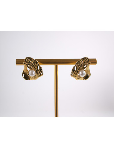 Kolczyki ZŁOTY  LIŚĆ LISTEK z PERŁĄ  STAL...