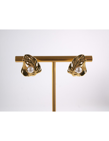 Kolczyki ZŁOTY  LIŚĆ LISTEK z PERŁĄ  STAL CHIRURGICZNA  LOLITA AKCESORIA