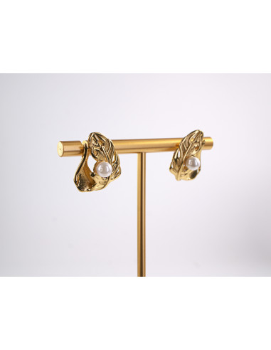 Kolczyki ZŁOTY  LIŚĆ LISTEK z PERŁĄ  STAL...