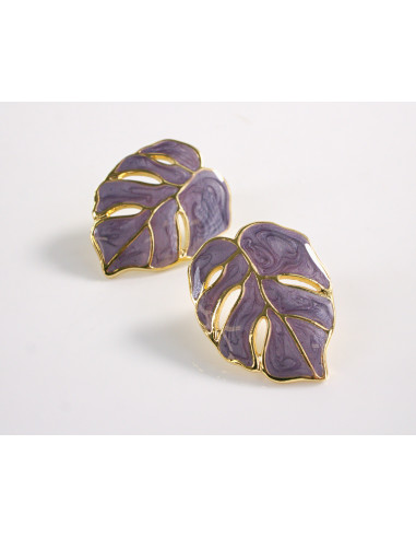 Kolczyki LIŚĆ FIOLETOWY LIŚĆ MONSTERA  STAL...