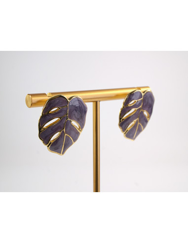 Kolczyki LIŚĆ FIOLETOWY LIŚĆ MONSTERA  STAL...