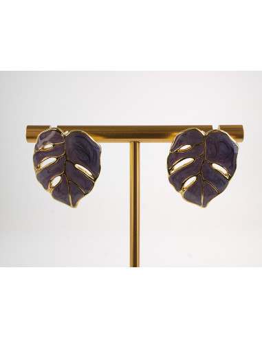 Kolczyki LIŚĆ FIOLETOWY LIŚĆ MONSTERA  STAL...