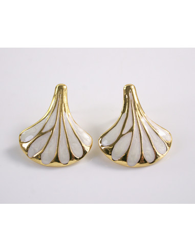 Kolczyki BIAŁY ECRU LIŚĆ MIŁORZĘBU   STAL...