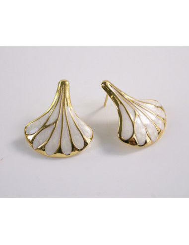 Kolczyki BIAŁY ECRU LIŚĆ MIŁORZĘBU   STAL...