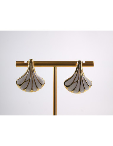 Kolczyki BIAŁY ECRU LIŚĆ MIŁORZĘBU   STAL...