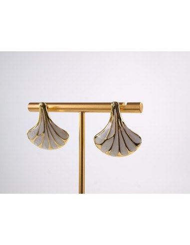 Kolczyki BIAŁY ECRU LIŚĆ MIŁORZĘBU   STAL...