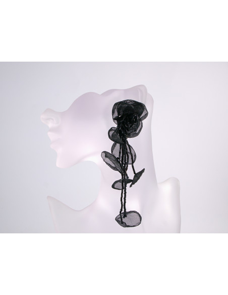 Kolczyki KWIATY DŁUGIE WIECZOROWE CZARNE MAXI  LOLITA AKCESORIA  sztyft 925