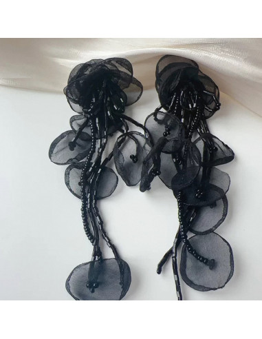 Kolczyki KWIATY DŁUGIE WIECZOROWE CZARNE MAXI...
