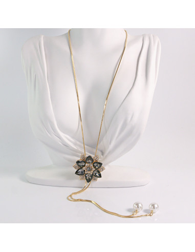 NASZYJNIK DŁUGI WISIOR KRAWATKA GRAFITOWY KWIAT...