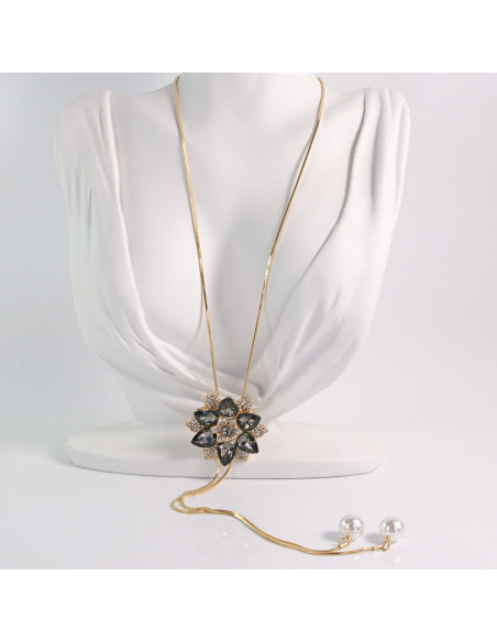 NASZYJNIK DŁUGI WISIOR KRAWATKA GRAFITOWY KWIAT  Lolita Akcesoria