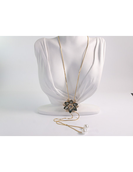 NASZYJNIK DŁUGI WISIOR KRAWATKA GRAFITOWY KWIAT  Lolita Akcesoria