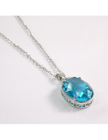 NASZYJNIK SREBRNY OWAL NIEBIESKI BŁEKIT STAL...