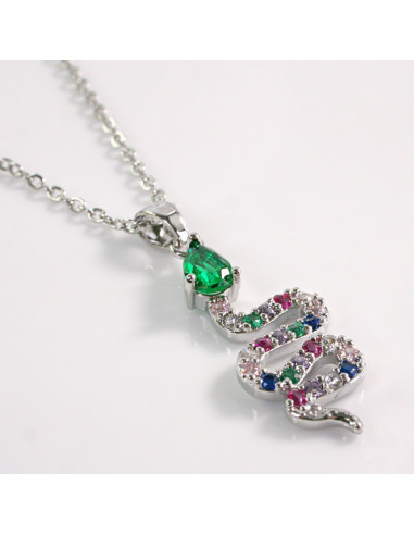 NASZYJNIK SREBRNY WĄŻ  KAMIENIE ZIELONY STAL...