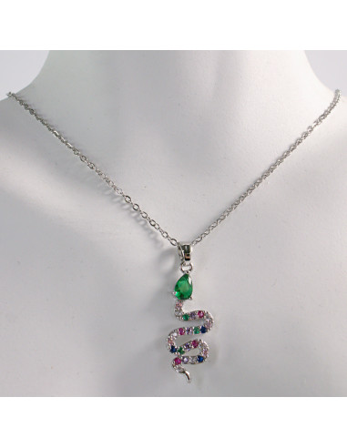 NASZYJNIK SREBRNY WĄŻ  KAMIENIE ZIELONY STAL...