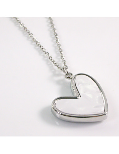 NASZYJNIK SREBRNY SERCE BIAŁY ECRU STAL...