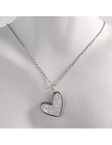 NASZYJNIK SREBRNY SERCE BIAŁY ECRU STAL...