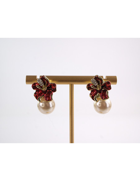 Kolczyki CZERWONE  KWIATKI Z PERŁĄ LOLITA AKCESORIA srebrny sztyft 925