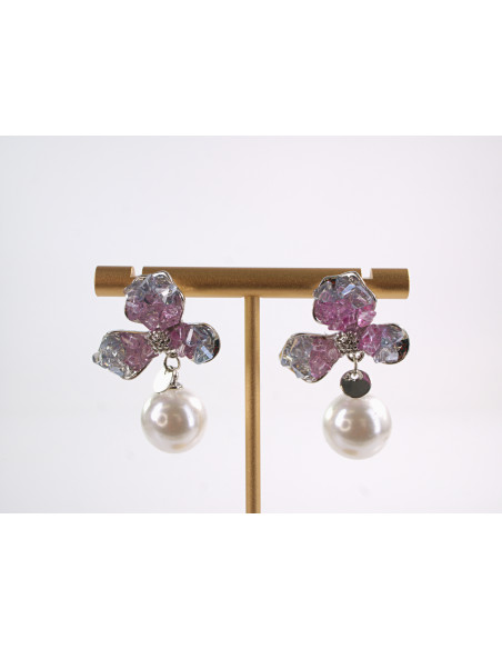 Kolczyki RÓŻOWE KWIATY Z PERŁĄ  LOLITA AKCESORIA srebrny sztyft 925