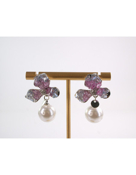 Kolczyki RÓŻOWE KWIATY Z PERŁĄ  LOLITA AKCESORIA srebrny sztyft 925