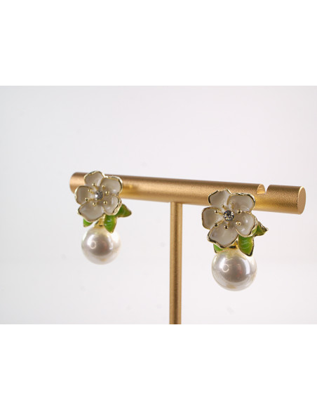Kolczyki BEŻOWE KWIATY KWIATKI Z PERŁĄ LOLITA AKCESORIA srebrny sztyft 925