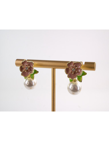 Kolczyki RÓŻOWE KWIATY KWIATKI Z PERŁĄ LOLITA...
