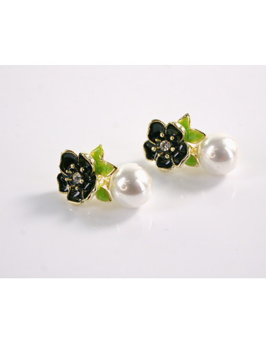 Kolczyki GRANATOWE KWIATY KWIATKI Z PERŁĄ...