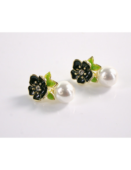 Kolczyki GRANATOWE KWIATY KWIATKI Z PERŁĄ LOLITA AKCESORIA srebrny sztyft 925