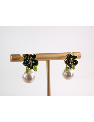 Kolczyki GRANATOWE KWIATY KWIATKI Z PERŁĄ...