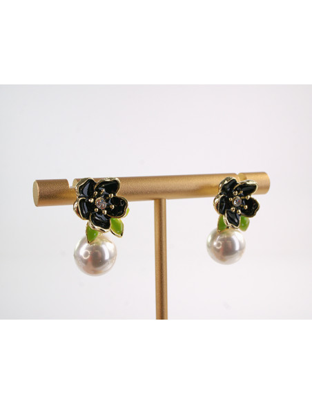 Kolczyki GRANATOWE KWIATY KWIATKI Z PERŁĄ LOLITA AKCESORIA srebrny sztyft 925