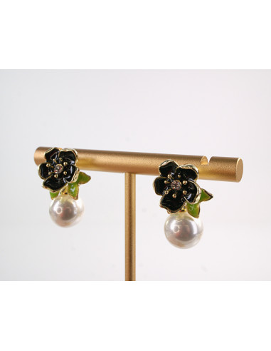 Kolczyki GRANATOWE KWIATY KWIATKI Z PERŁĄ...