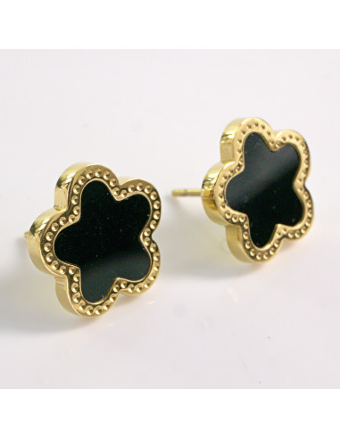 Kolczyki ZŁOTE KWIAT CZARNE KWIATKI STAL...